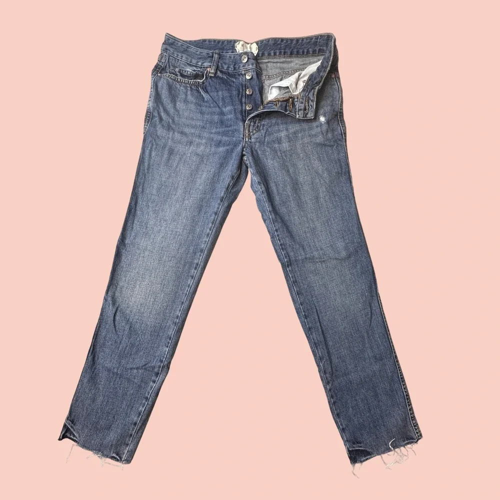 Free People Jeans Womens 25 Blue We The Free Straight Leg Distressed Raw Hem